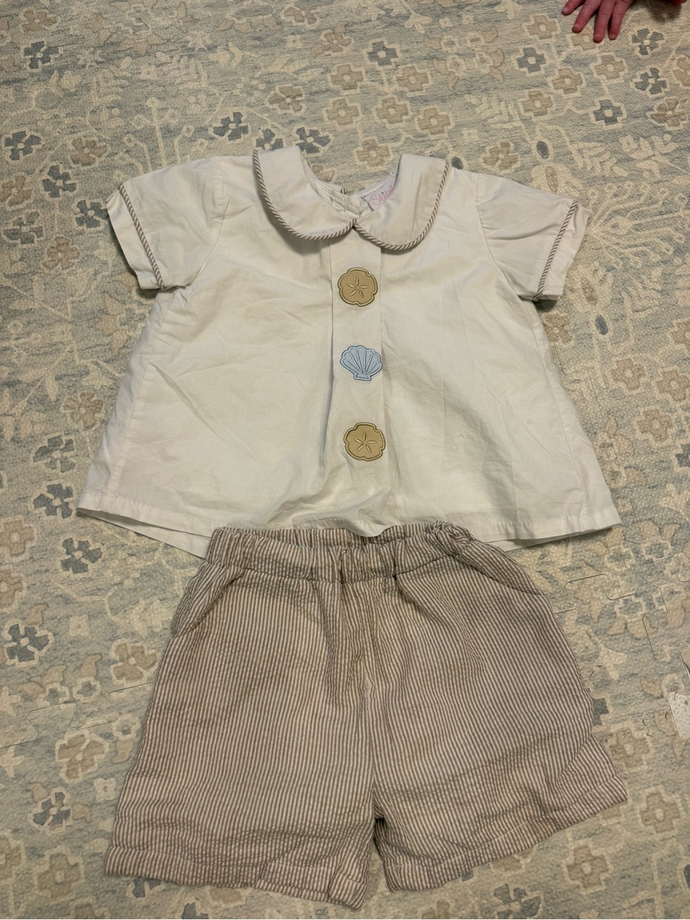 Cream Short-Sleeve Top & Tan Striped Shorts Kids Matching Set